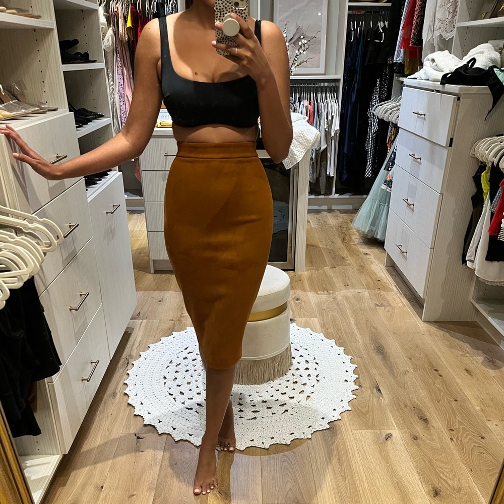 House of CB Tan Fitted Midi Pencil Skirt - adjustable zippers in the back